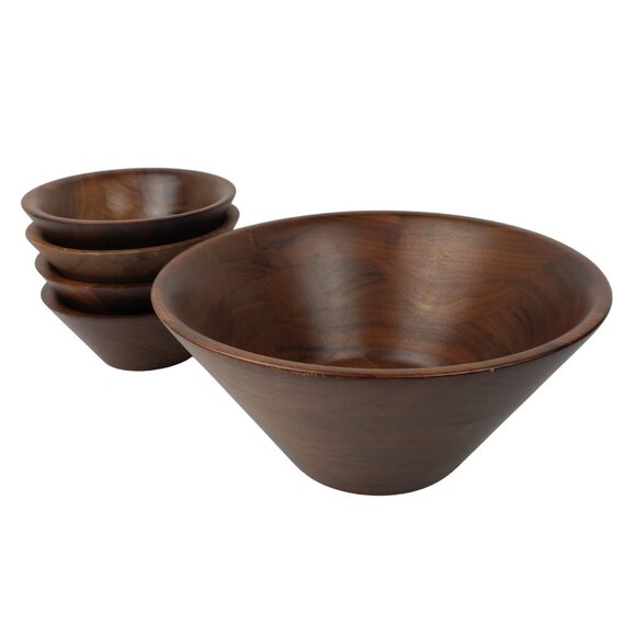 Vintage 70s Modern Burl Walnut Dark Hardwood Heavy Salad Bowl Set 4 Bowls GUC - Picture 2 of 6